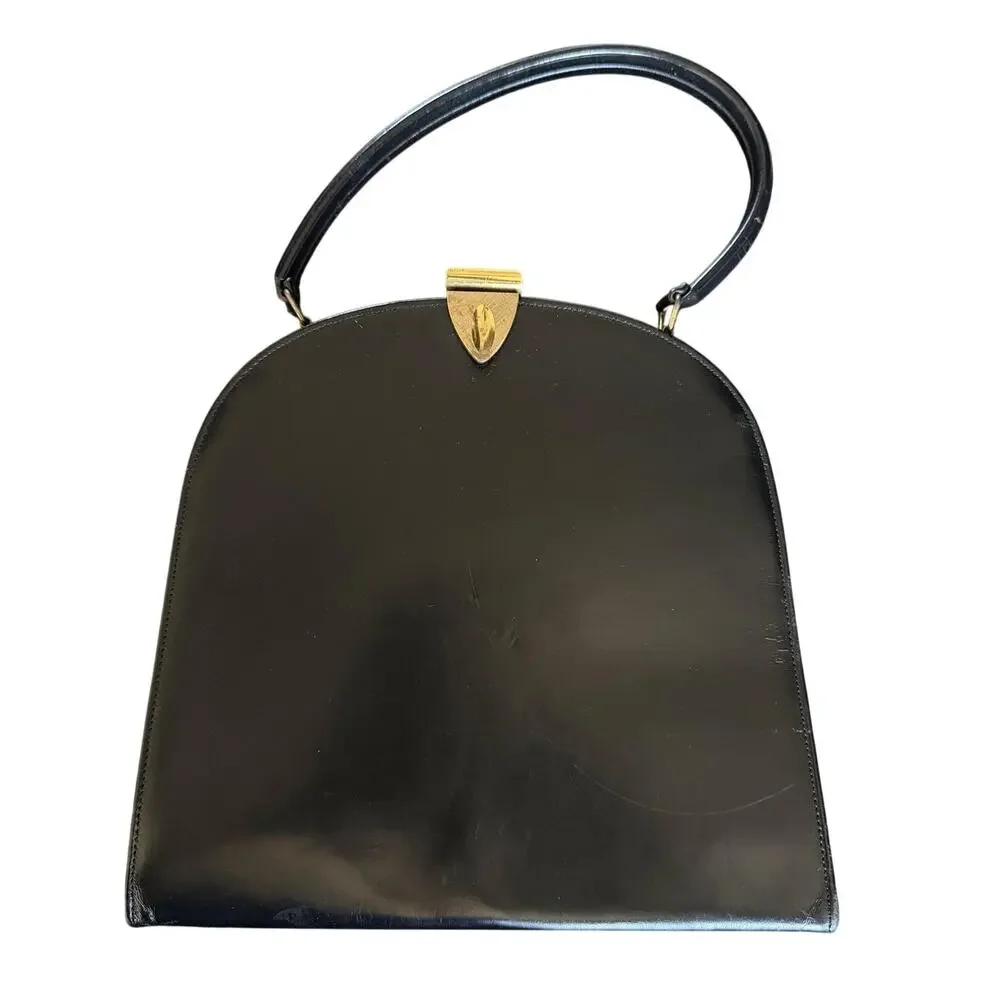 Leather Top Handle Bag Womens Medium Black Gold Hardware Formal Evening Purse